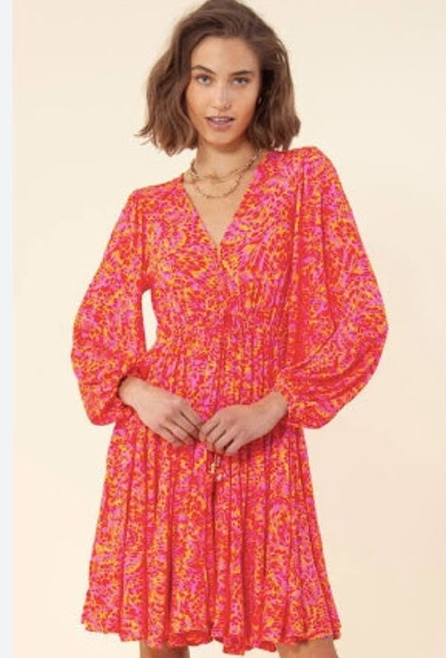 Hale Bob Rachael Pink & Yellow V-Neck Drawstring Patterned Jersey Dress Size L